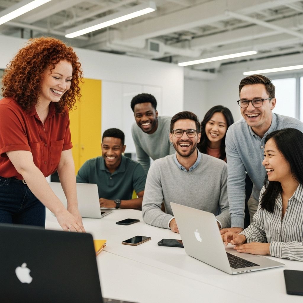 Happy professionals enjoying positive company culture